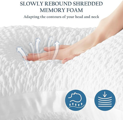 Side Sleeper Pillows for Adults, Adjustable Shredded Memory Foam Bed Pillows for Neck and Shoulder Pain, Standard White Cooling Curved Pillows with Washable Cover & Extra Foam Bag