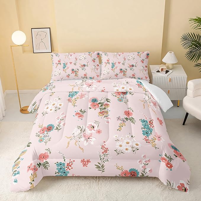QOOMO Floral Comforter King Size,Pink Floral Kids Comforter Set,3Pcs Bedding Set Printed Comforter with 2 Pillowcases,Down Alternative,Soft and Lightweight,for All Seasons
