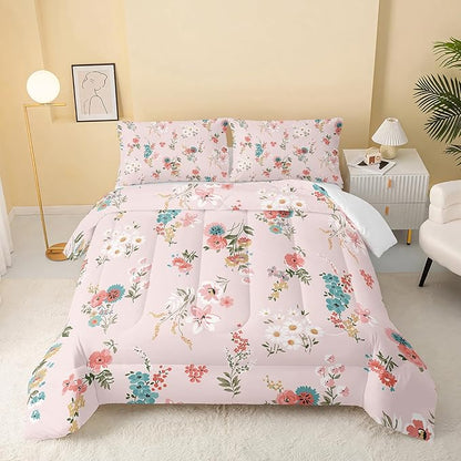 QOOMO Floral Comforter Full Size,Pink Floral Kids Comforter Set,3Pcs Bedding Set Printed Comforter with 2 Pillowcases,Down Alternative,Soft and Lightweight,for All Seasons