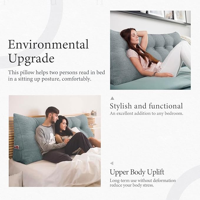 Wedge Headboard Pillow Dorm Room Reading Pillow Back Support for Sitting Up in Bed Bolster Lumbar Cushion Body Positioning Bedrest Gifts for Mom Cotton Linen 59in Gray Queen