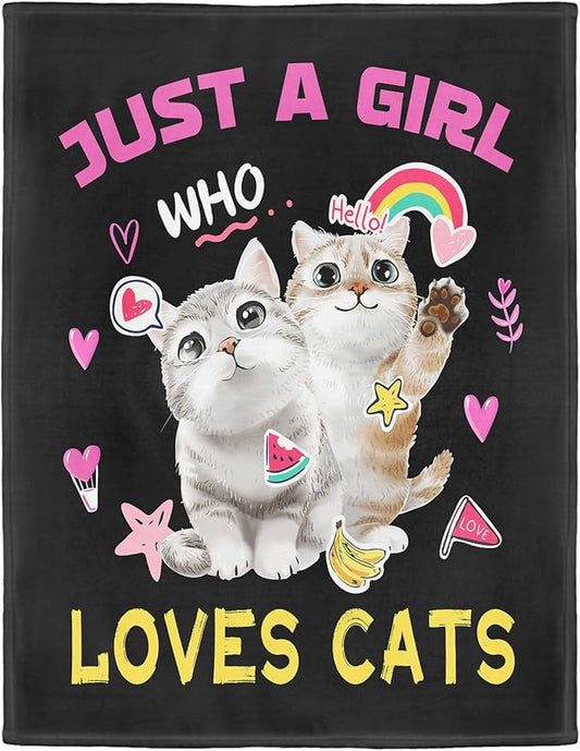 Kitten Lover Blanket, Just A Girl Who Loves Cats Blanket, Soft Warm Cozy Fleece Throw, Gifts for Girls Women Kids, 40"x50", Black