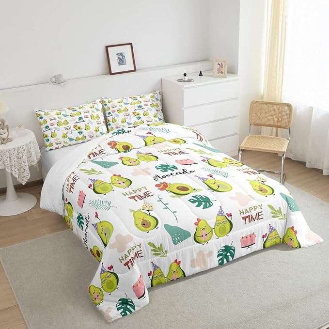 Feelyou Avocado Comforter Set for Kids Boys Girls Green Yellow Avocado Kawaii Cute Bedding Set King Size Tropical Leaves Decor Lovely Fruit Soft All Seasons Quilt 2 Pillowcases Boys