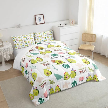 Feelyou Avocado Comforter Set for Kids Boys Girls Green Yellow Avocado Kawaii Cute Bedding Set King Size Tropical Leaves Decor Lovely Fruit Soft All Seasons Quilt 2 Pillowcases Boys