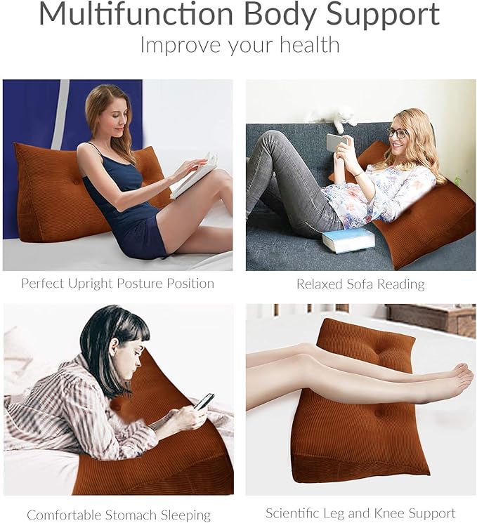 Wedge Headboard Pillow Dorm Room Reading Pillow Back Support for Sitting Up in Bed Bolster Lumbar Cushion Body Positioning Bedrest Corduroy (Coffee, King (76 * 8 * 20in))