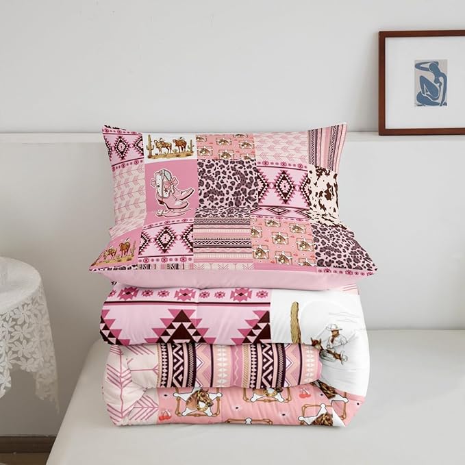 Feelyou Pink Aztec Bedding Set Full Size, Kids Western Decor Comforter Set Wild West Cowboy Cowgirl Comforter Boho Style Duvet Insert Bed Set 3Pcs