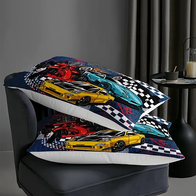 AILONEN Racing Car Comforter Set Twin Size, Cool Speed Race Car Bedding Sets for Kids Boys,Automobile Extreme Sport Duvet Set,Checkered Squares Quilt Set,3 Pieces,1 Quilt and 2 Pillowcases,Microfibre