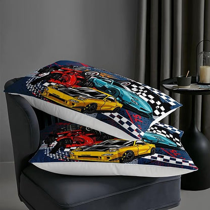 AILONEN Racing Car Comforter Set Queen Size, Cool Speed Race Car Bedding Sets for Kids Boys,Automobile Extreme Sport Duvet Set,Checkered Squares Quilt Set,3 Pieces,1 Quilt and 2 Pillowcases,Microfibre