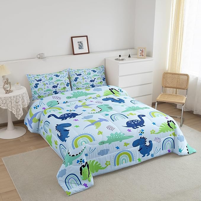 Feelyou Boys Dinosaur Toddler Bedding Sets Full Size Girls Blue Green Dinosaurs Comforter Set Cute Cartoon Dino Rainbow Down Comforter Quilt Kids Room Decor Reversible Stars Bed Set for All Seasons