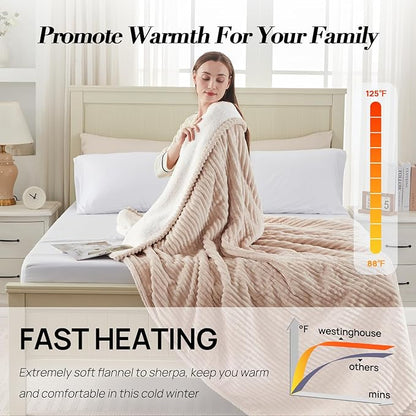 Westinghouse Electric Blanket Twin, Soft Ribbed Flannel to Sherpa Heated Blanket with 10 Heating Levels & 1-12 Hours Auto Shut Off, Fast Heating & Machine Washable, 62x84 Inch, Beige