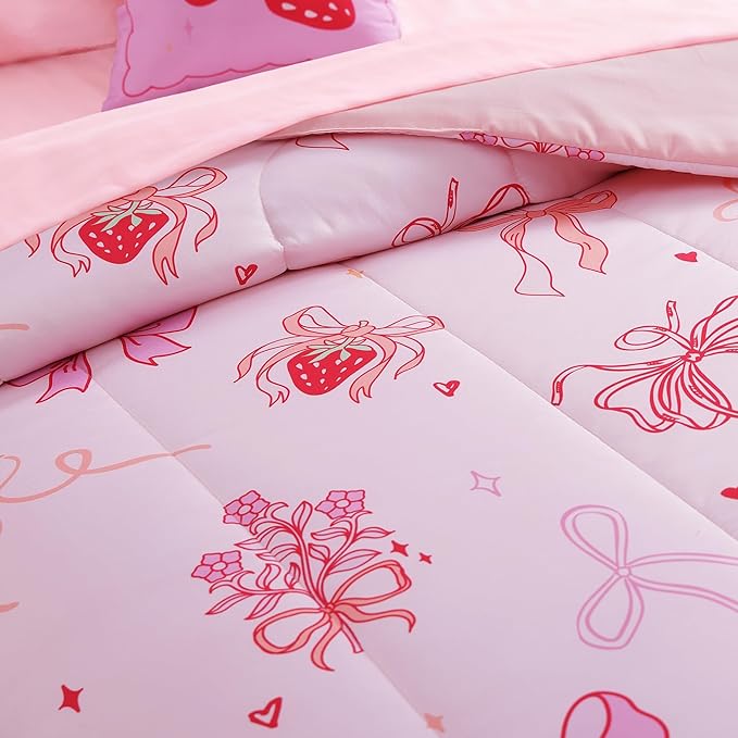 Full Size Comforter Set for Girls - 4 Pieces Pink Bow Full Bedding Sets for Kids,1 Comforter, 2 Shams and 1 Decor Pillow