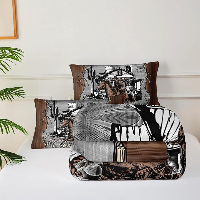Brown Western Cowboy Comforters Queen Size，Boys Full Size Bedding Set Cowboy Themed，with 1 Comforter with 2 Pillow Case，Western Bedroom Decor for Boys Men Kids