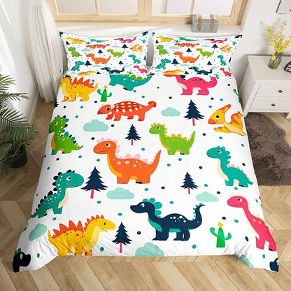 Cartoon Dino Kids Duvet Cover Queen Size,Cute Dinosaur Watercolor Wild Animal Duvet Cover Set for Children Adult,Kawaii Dino Dots Pine Cloud Print Soft Comforter Cover for Dorm Room, Zipper, Ties