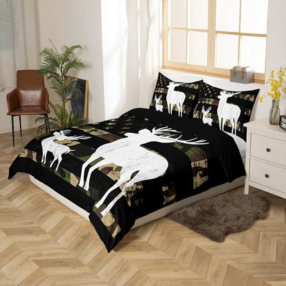 Camouflage USA Flag Bedding Comforter Full Size, Green Camo Cute Deer Antlers and Trees Natural Duvet Cover for Girls Teens Man Gift, American Flag Ultra Soft Bedding Set with 2 Pillowcases