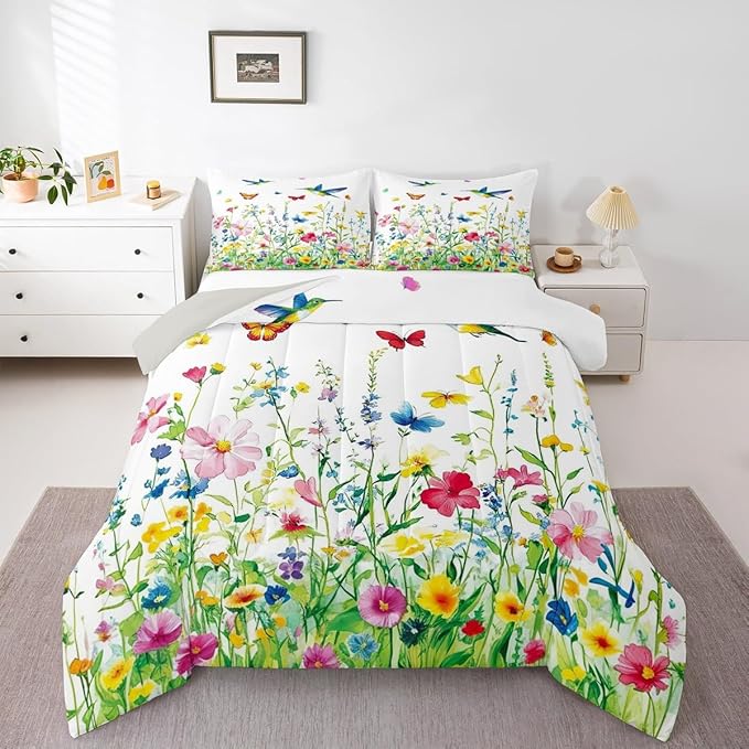 Erosebridal Wildflower Full Bedding Set for Girls,Colorful Boho Floral Comforter Set for Kids Women,Spring Flower Butterfly Hummingbird Quilt,Botanical Flowers Bedroom Decor with 2 Pillowcases