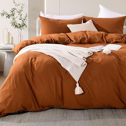 NEXHOME PRO Terracotta Burnt Orange Duvet Cover Set Queen Size Linen Textured Organic Natural 100% Washed Cotton Duvet Cover Caramel 3 Pieces Bedding Set with Zipper Closure Soft (No Comforter)