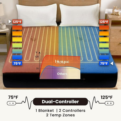 Electric Heated Mattress Pad Queen Size Dual Control Bed Warmer, Deep Pocket, Side Storage Pouch for Controller, Machine Washable, 3D Air Layer Fabric, 60"x80", Black Charcoal