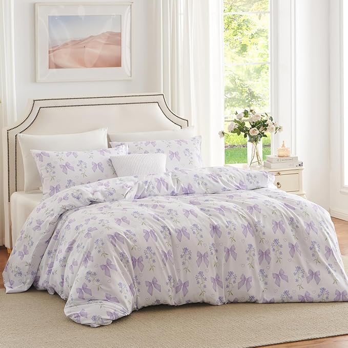 Purple Bow Duvet Cover Queen 3Pcs Girls Floral Duvet Cover Set, Cute Romantic Princess Style Bowknot Bedding Set Soft Microfiber Garden Flower Bedding with 2 Pillowcases(No Comforter)