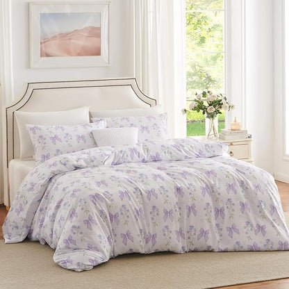 Purple Bow Duvet Cover Twin 2Pcs Girls Floral Duvet Cover Set, Cute Romantic Princess Style Bowknot Bedding Set Soft Microfiber Garden Flower Bedding with 1 Pillowcase(No Comforter)