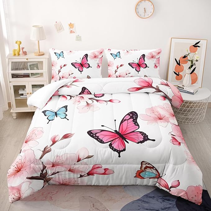 Colorful Butterfly Cherry Blossom Comforter 3Pcs Full Sakura Flower Romantic Butterfly Bedding Set for Kid Teen Girl Boy Adult Petal Floral Quilt Decor with 1 Comforter and 2 Pillowcases