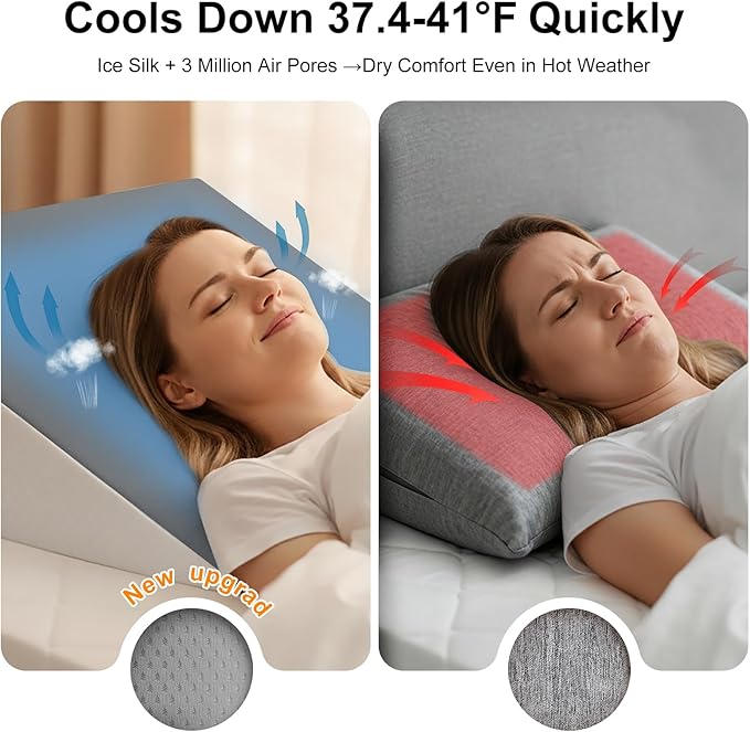 [2025 New 12" Memory Foam Wedge Pillow for Sleep Apnea, Sleeping, Acid Reflux Relief, Snoring, Dual Sided Cooling & Warm Fabric Triangle Pillow Wedge for After Surgery, Back, Leg - Gray