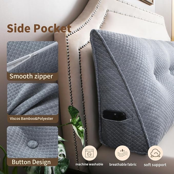 Wedge Headboard Pillow for Bed, Full Dorm Headboard Pillow Support for Sitting Up, Reading, Relaxing, Bolster Pillow with Removable Washable Cover, Blue Gray