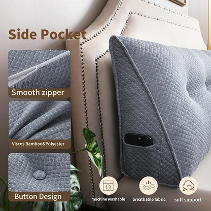 Wedge Headboard Pillow for Bed, Full Dorm Headboard Pillow Support for Sitting Up, Reading, Relaxing, Bolster Pillow with Removable Washable Cover, Blue Gray