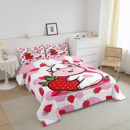 Feelyou Milk Cow Comforter Pink White Cow Strawberry Pattern Comforter Set Bedding Set for Kids Adults Kawaii Girls Milk Cow Print Duvet Set Ultra Soft Room Decor Twin Size Quilt Set