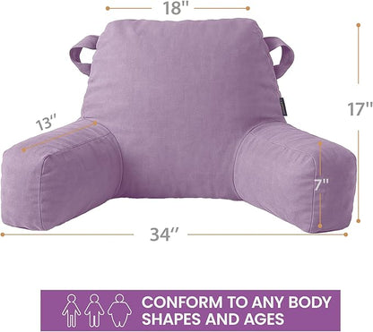 Portable Comfy Reading Pillows for Bed Sitting Up(Lavender Purple Oeko-Tex), Velvet Back Pillow with Arms & Pockets for Adults, Support Memory Foam Bed Pillow for Dorm/Reading/Watching/Gaming
