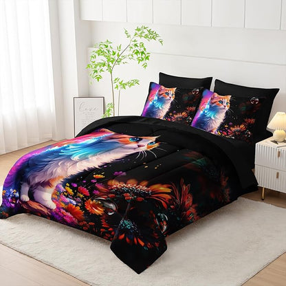 Cartoon Kawaii Cat Comforter 7Pcs 3D Animal Flower Toddler Bedding Set Cat Lovers Animal Bubble Quilt Bed Set for Kid Girl Boy Teen Adult Queen with 2 Sheets,2 Pillowcases,2 Throw Pillow Covers