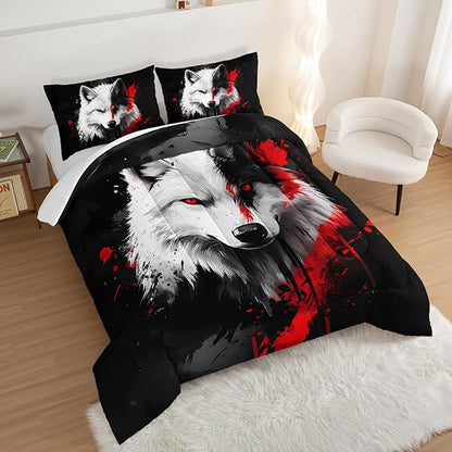 Black and White Wolf Comforter Set Full Size,Wild Animal Themed Bedding Sets for Kids Boys Girls Teens Room Decor,Western Comforter Set with 2 Pillowcases.