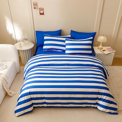 Wellboo Blue White Striped Comforter Sets Full Navy Blue Striped Bedding Comforters Cotton Men Boys Modern Boho Black Geometric Quilts Blue and White Ticking Stripe Quilts Preppy Vertical Lines Bed