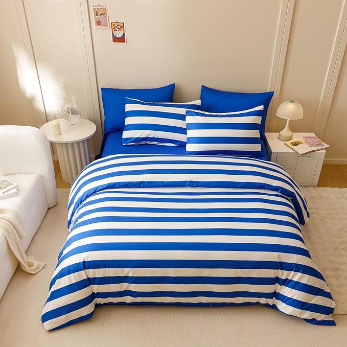 Wellboo Blue White Striped Comforter Sets Queen Navy Blue Striped Bedding Comforters Cotton Men Boys Modern Boho Black Geometric Quilts Blue and White Ticking Stripe Quilts Preppy Vertical Lines Bed