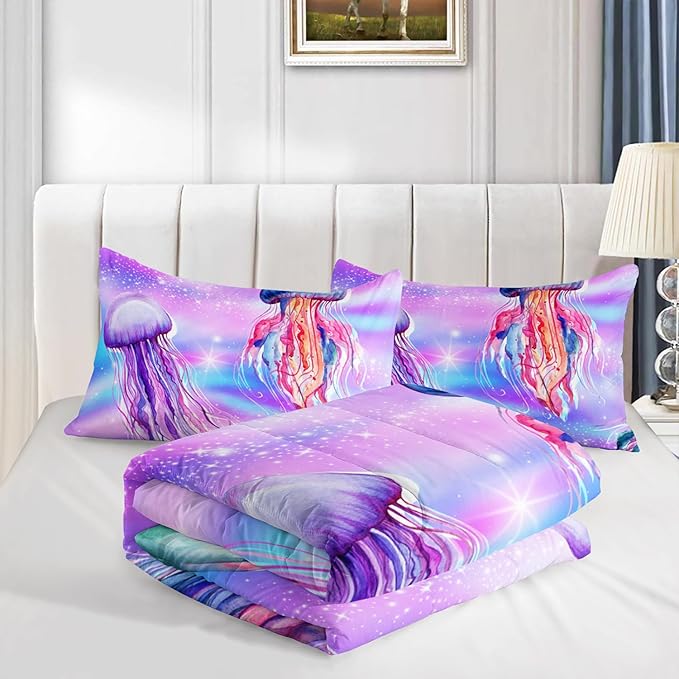 Kawaii Bedding Color Jellyfish Comforter Set King Size,Rainbow Flash Pattern Comforter for Teens Kids Girls Room Decor,Marine Animal Theme Beach Bedding Set with 2 Pillowcases.