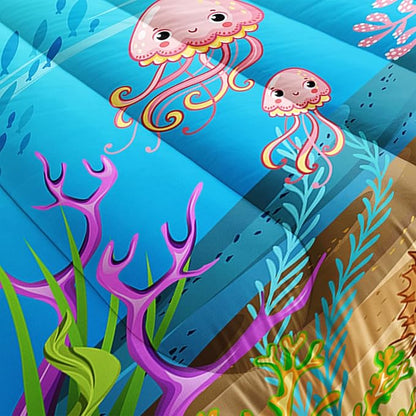Turtle Comforter Set Twin Ocean Watercolor Sea Turtle Bedding Set Tropical Fish Marine Life Bed Set with 2 Pillowcases for Kids Room Decor