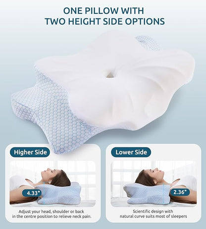 Cervical Memory Foam Pillow for Neck and Shoulder, Ergonomic Contour Cervical Pillow for Sleeping with 2 Heights, Cooling Neck Support Pillows for Side Back Stomach Sleeper Standard Size Blue