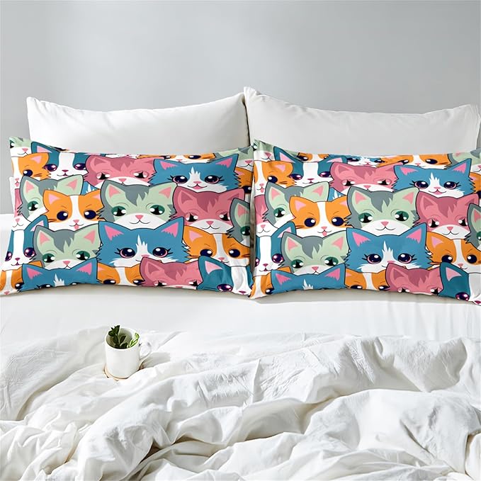 Neon Cats Bedding Set for Girls-Full Size Cartoon Comforter Girls Room Black Pattern Full Soft Breathable with 2 Pillowcases All-Season