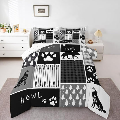 Feelyou Rustic Comforter Set Toddler Size Hunting Adventure Comforter for Boys Girls Teens Wildlife Arrows Bedding Set Woodland Wolf Duvet Set Room Decor Wolf Paws Print Quilt Set