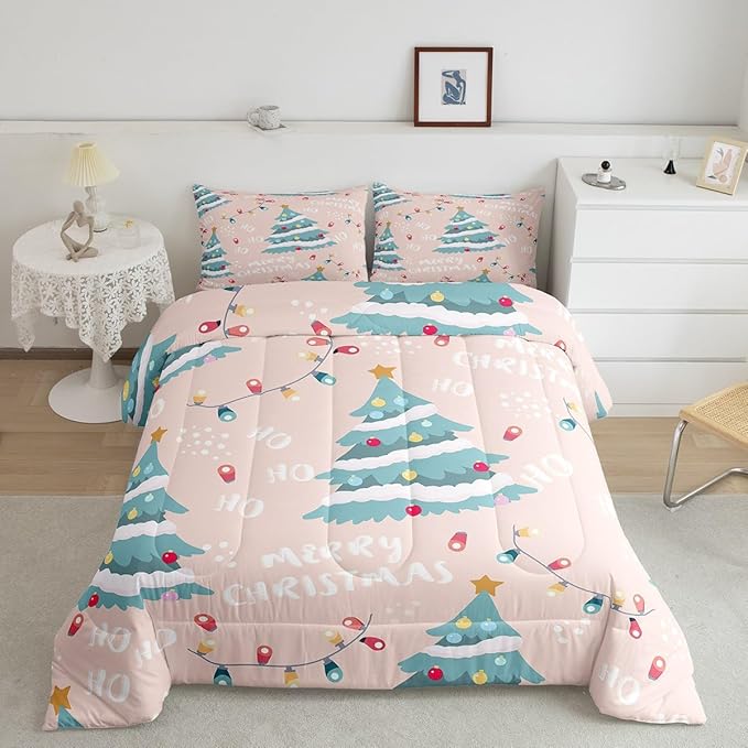 Erosebridal Christmas Tree Comforter Set for Kids Teens Adult,Xmas Bedding Full,Happy New Year Comforter Sets,Winter Festivals Duvet Insert with 2 Pillow Shams, Pink