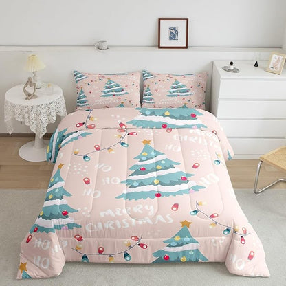 Erosebridal Christmas Tree Comforter Set for Kids Teens Adult,Xmas Bedding Queen,Happy New Year Comforter Sets,Winter Festivals Duvet Insert with 2 Pillow Shams, Pink