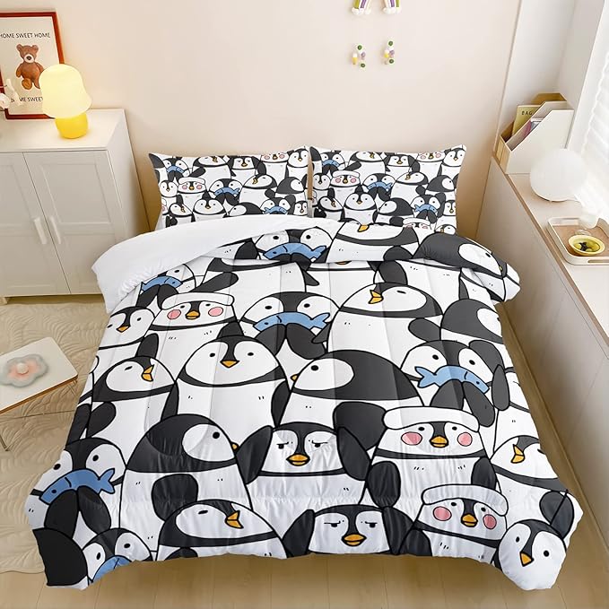 CVHOUSE Cartoon Penguin Bedding Set - 3 Pieces (1 Comforter + 2 Pillow Cases) - Twin, Full, Queen Sizes - Black