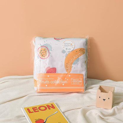 Simple&Opulence 100% Organic Cotton Duvet Cover for Kids Teens, 4 Piece Soft Cartoon Comforter Cover with Zipper Closure, Kawaii Girls Bedding Set with Colorful Fruits Pattern, Full/Queen