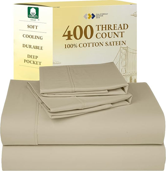 California Design Den Full Size Bed Sheets Set - Soft 400 Thread Count Sateen, Natural 100% Cotton Sheets Set with Deep Pockets, Breathable, and Durable Bedding - Beige (Golden Tone)