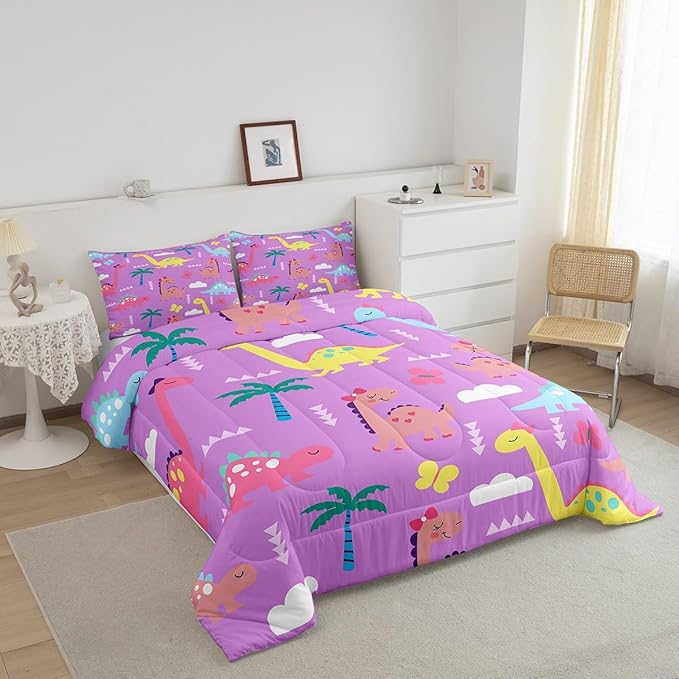 Castle Fairy Kawaii Dino Kids Comforter Set King Size,Cartoon Dinosaur Wild Animal Reversible Quilted Duvet with 2 Pillowcases Lovely Cloud Coconut Tree Purple Comforter for Boys Teens Bedroom