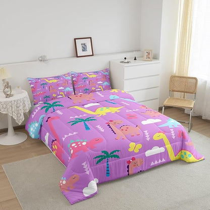 Castle Fairy Kawaii Dino Kids Comforter Set Queen Size,Cartoon Dinosaur Wild Animal Reversible Bedding Set for Girls Bedroom Decor Lovely Cloud Coconut Tree Purple Quilted Duvet,2 Pillowcases