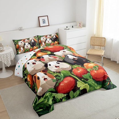 Guinea Pig Bedding Set Queen Size Fresh Vegetables Comforter Set for Girls Boys Room Decor Kawaii Cartoon Animal Down Comforter Cute Guinea Pigs Quilt Set with 2 Pillowcases