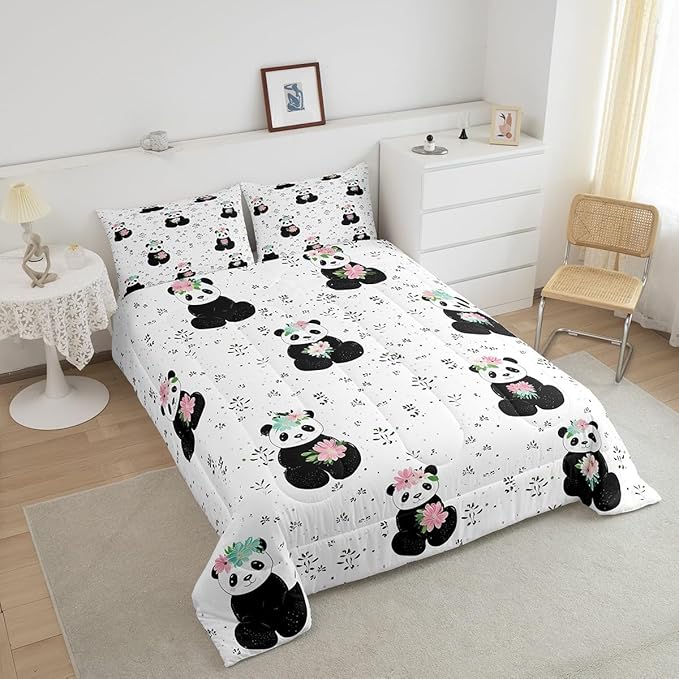 Cartoon Panda Comforter Set King Size Watercolor Flower Bedding Set Kids Boys Girls Cute Tropical Animal All Season Quilt Set Black White Bedding Comforter Sets,3Pcs