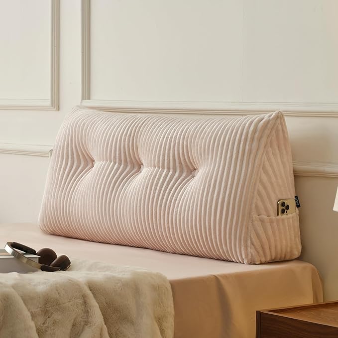 Z-hom Twin Headboard Pillow, Triangular Wedge Reading Pillow for Bed or Sofa, Ergonomic Backrest Cushion for Sitting Up, Reading or Relaxing, with Side Pocket，Removable Washable Cover,Beige Cream