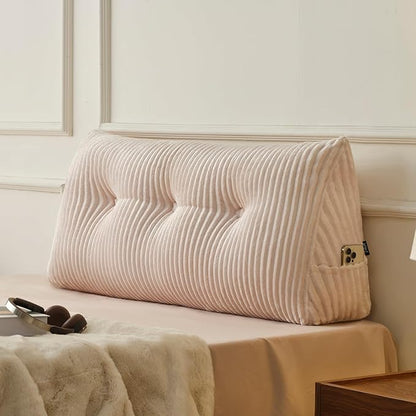 Z-hom Twin Headboard Pillow, Triangular Wedge Reading Pillow for Bed or Sofa, Ergonomic Backrest Cushion for Sitting Up, Reading or Relaxing, with Side Pocket，Removable Washable Cover,Beige Cream