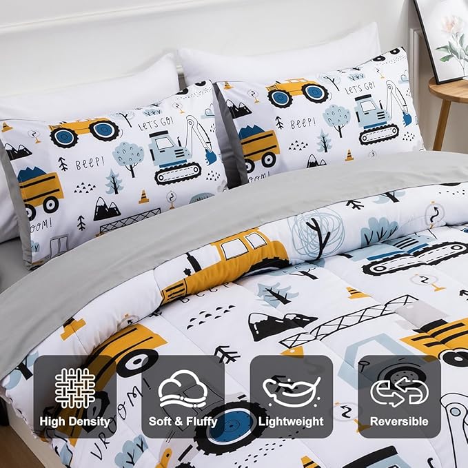 Holawakaka Trucks Tractors Cars Boys 5-Piece Bedding Comforter Sheet Set,Full Size Cartoon Construction Car Excavator Print Kids Bed in A Bag, Excavator Mixer Truck Printed Bed Sets (White Full)