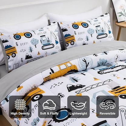 Holawakaka Trucks Tractors Cars Boys 5-Piece Bedding Comforter Sheet Set,Full Size Cartoon Construction Car Excavator Print Kids Bed in A Bag, Excavator Mixer Truck Printed Bed Sets (White Full)